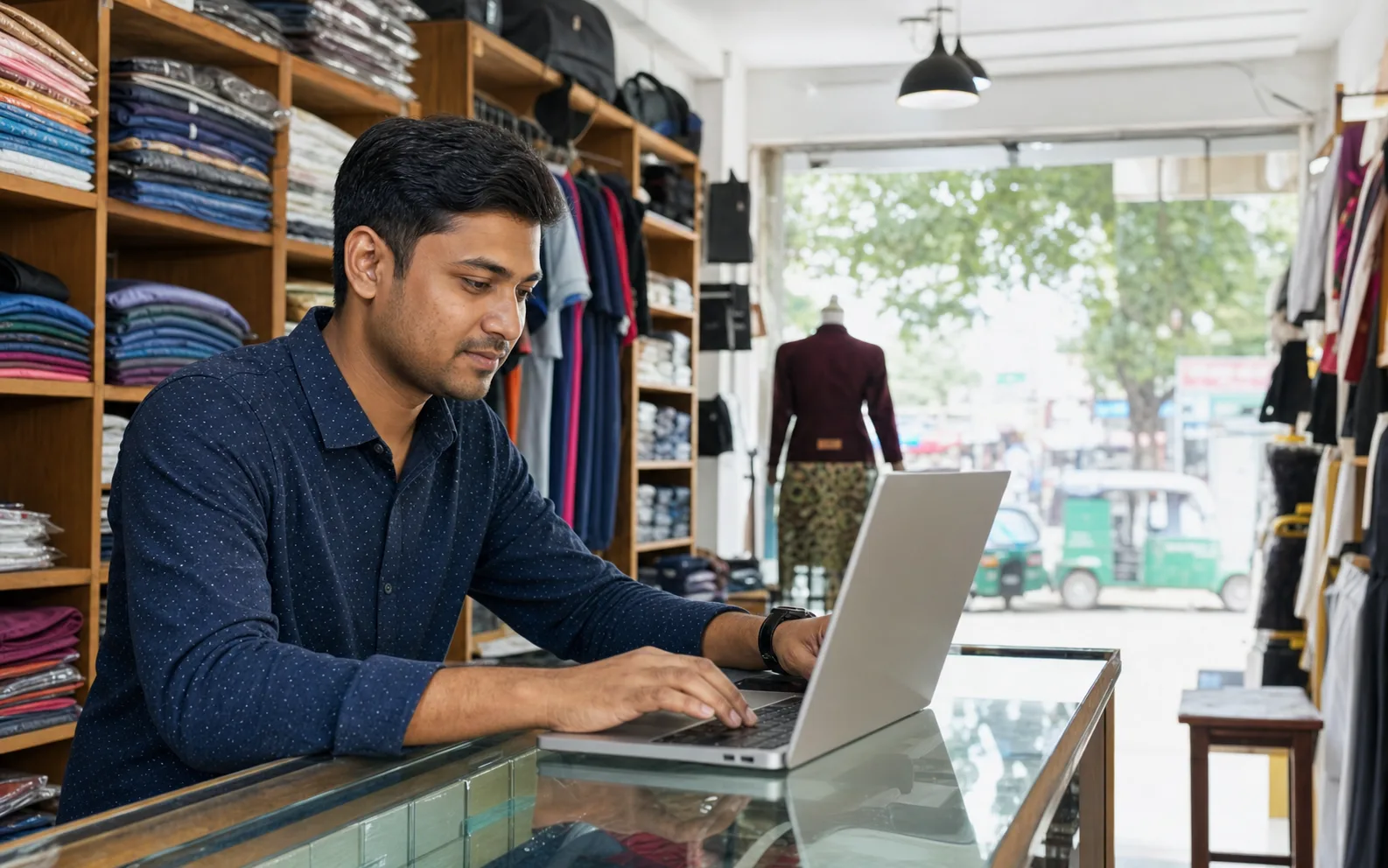 Bangladeshi shop owner updating business information on a laptop