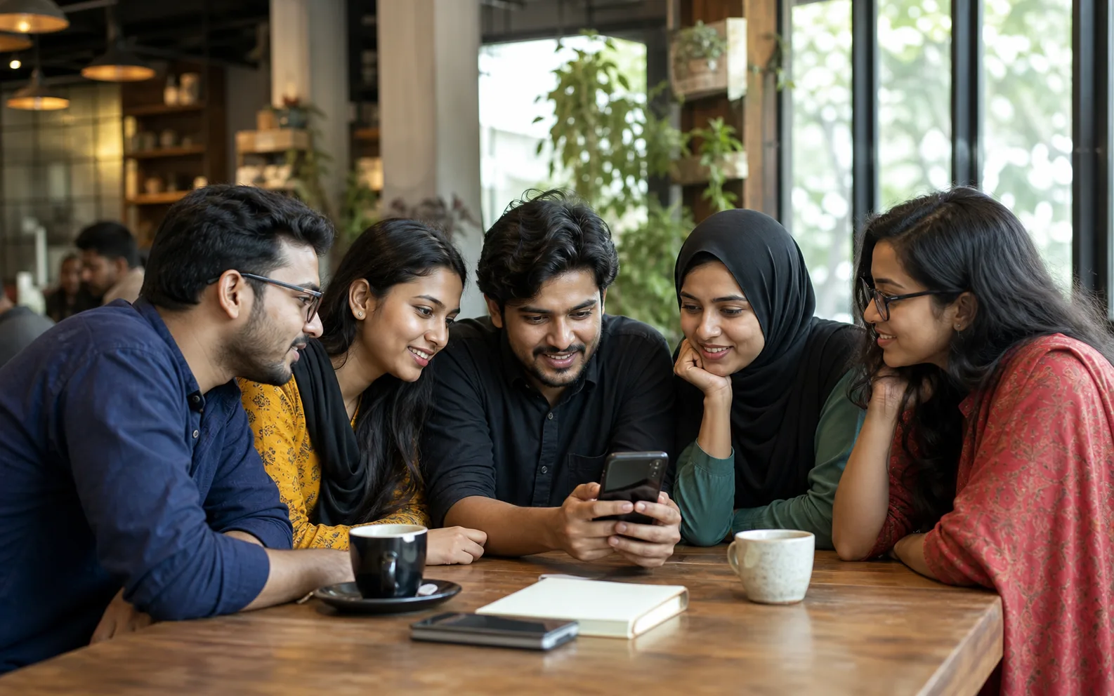 Group of Bangladeshi customers comparing local business reviews on a phone