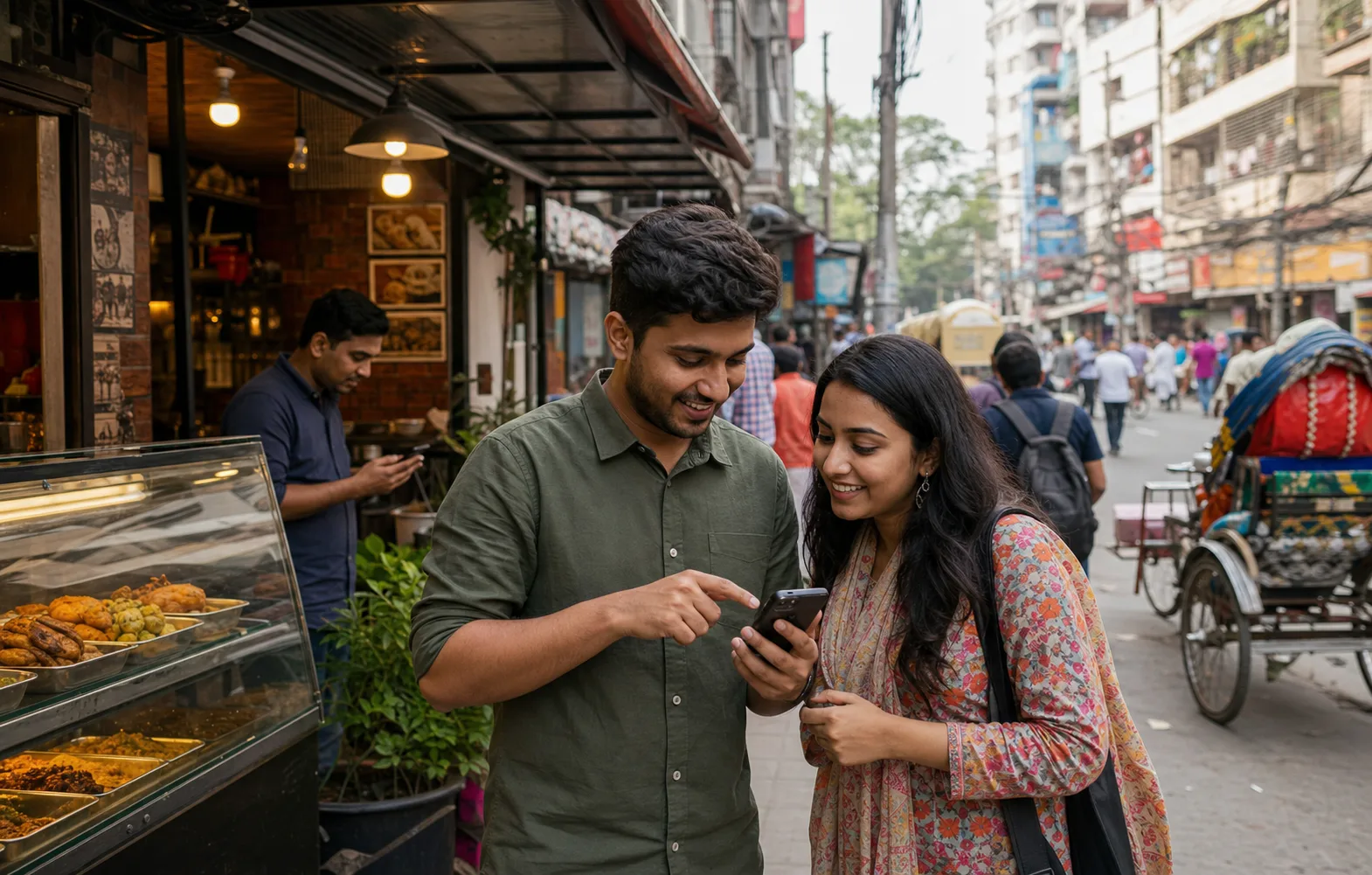 Customers using a phone to discover businesses on a busy Dhaka street