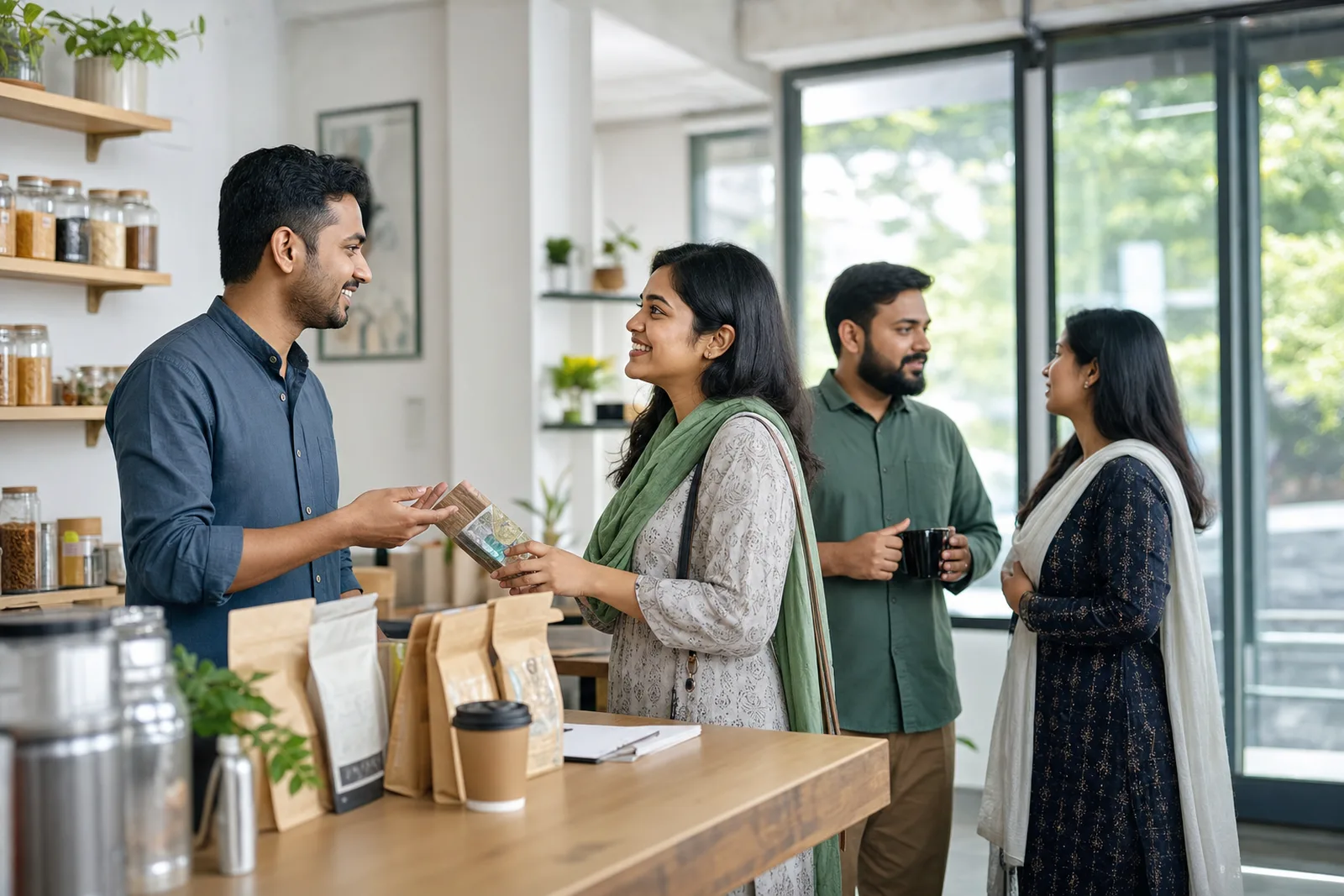 Bangladeshi business owners and customers talking inside a local shop